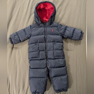 Navy Blue Puffer Snowsuit with Red Lining